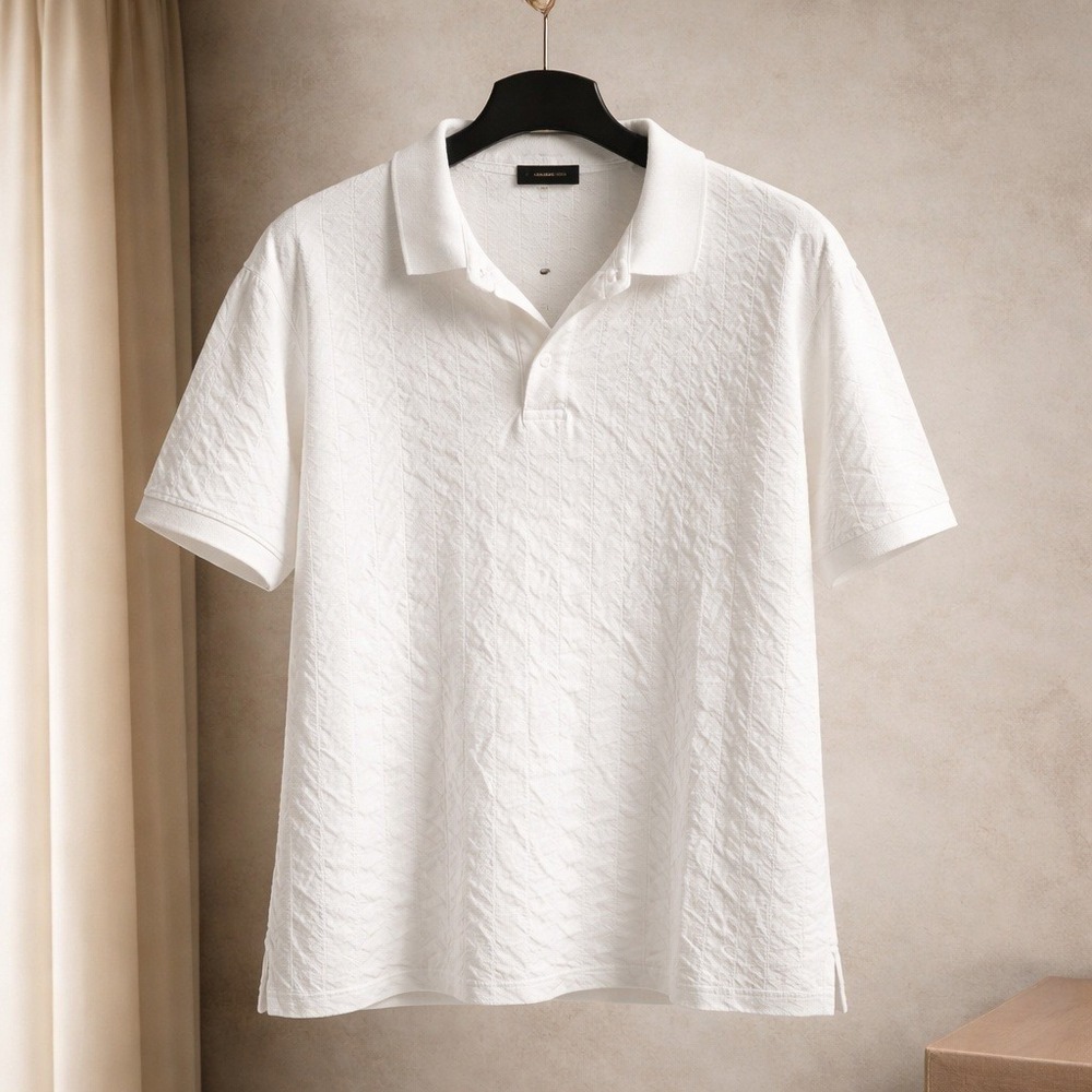 Emporio Armani Mens 3XL White Textured Geometric Knit Polo Shirt Big & Tall